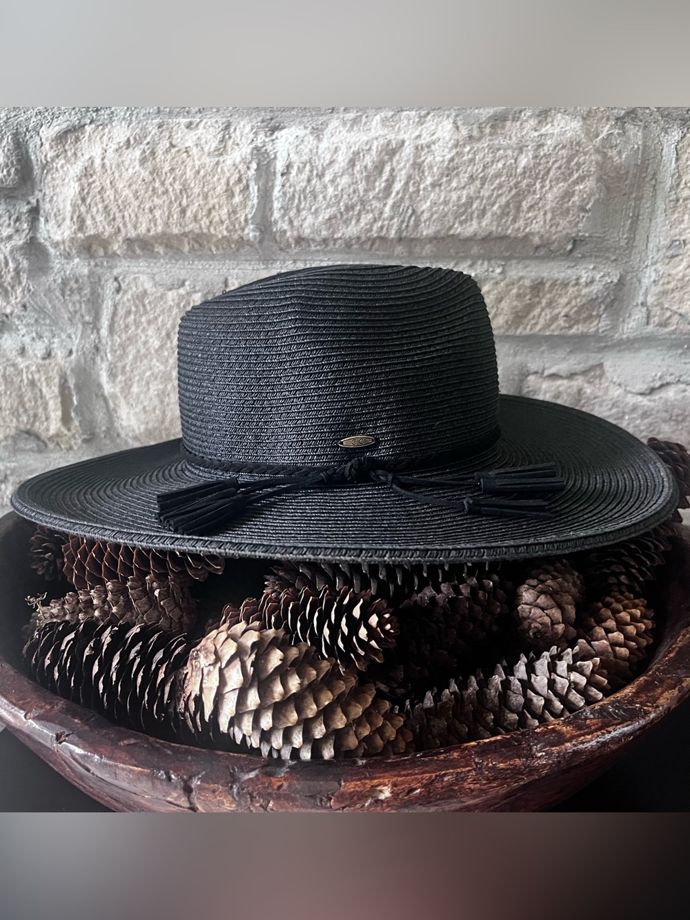 C.C New Black Wide-Brim Black Paper Braid Gambler Crown Sun Hat NWOT - Picture 6 of 15